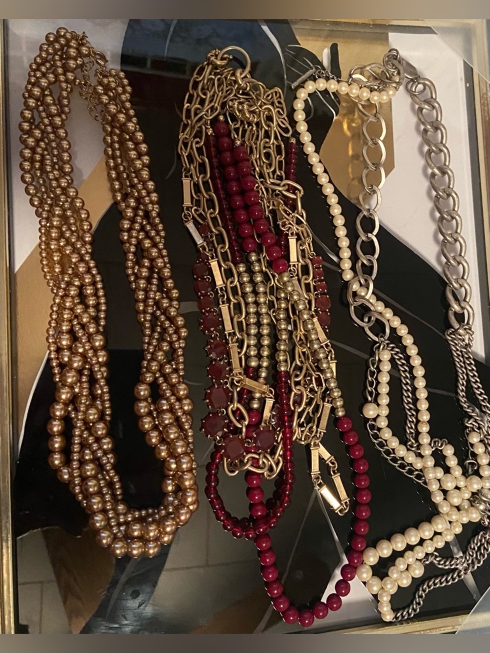 3 Fashion Pearl & Bead Necklaces - Gold, Burgundy, Ivory #128